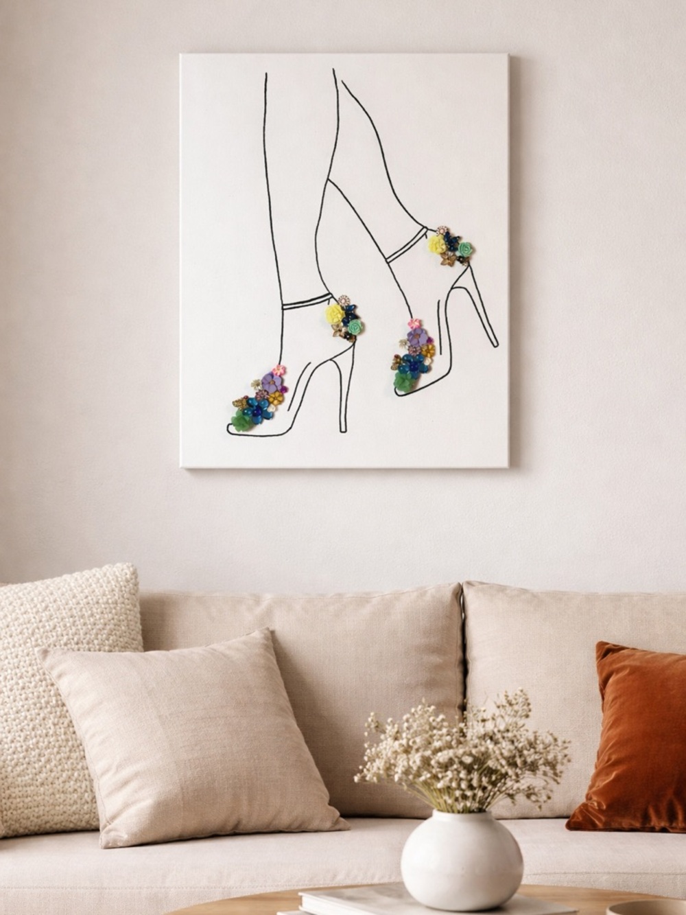 Framed Strappy High Heel Canvas Art with 3D Floral Accents